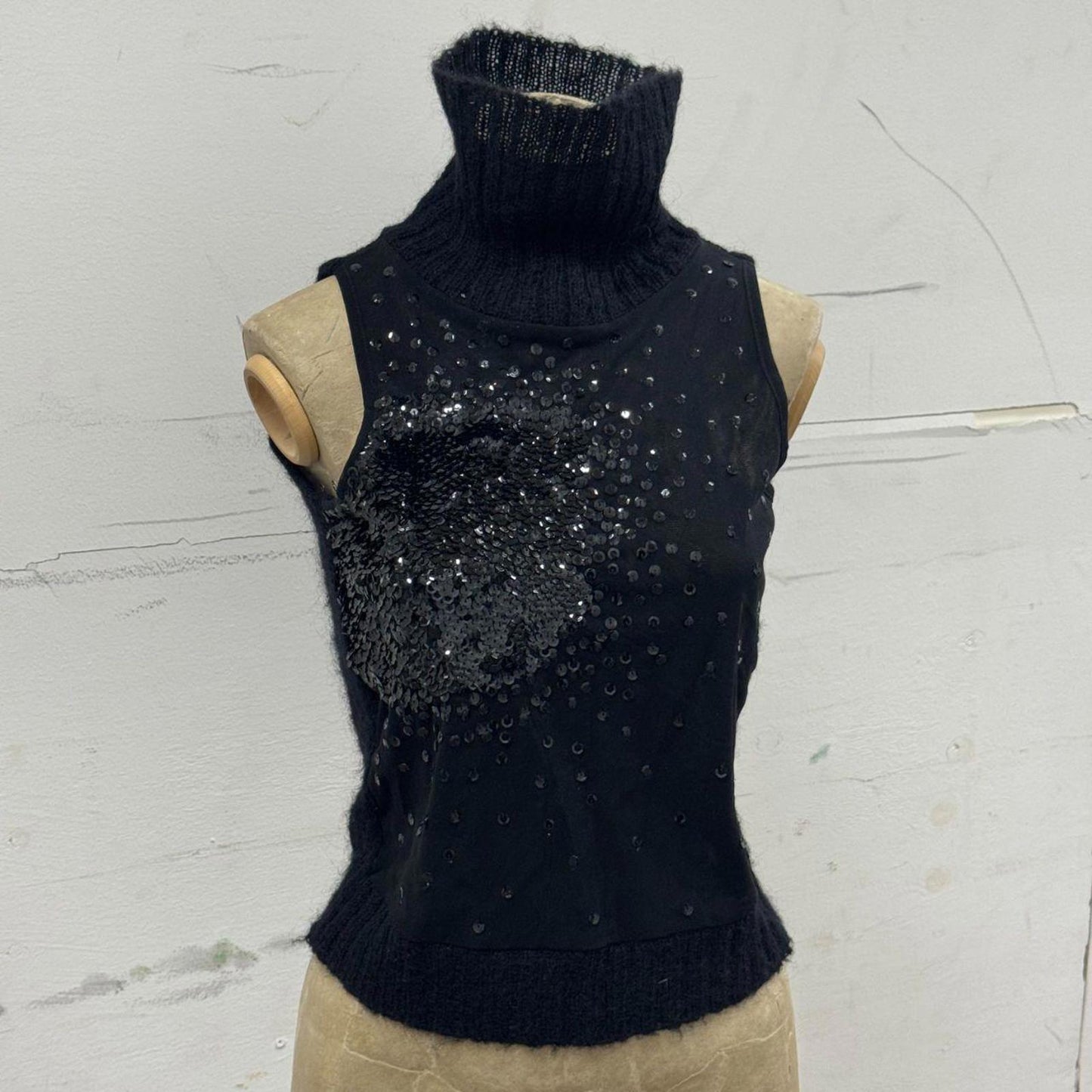 Vintage Black Mohair Turtleneck Knit Top with Sequin Panel S