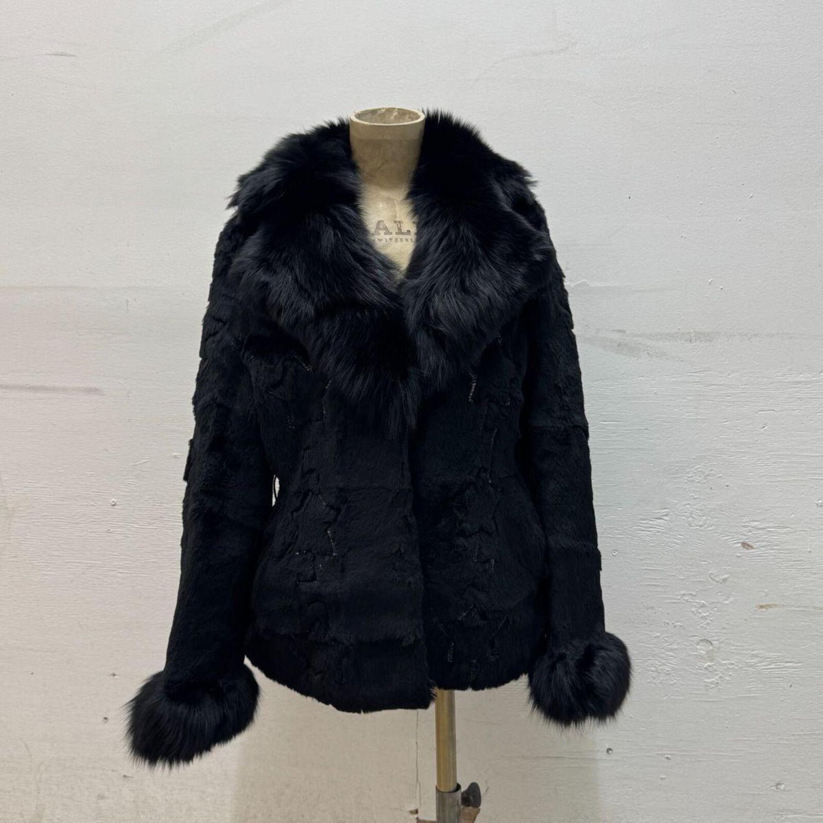 Y2K Vintage Black Rabbit & Fox Fur Jacket Star Sequin Detail Coat