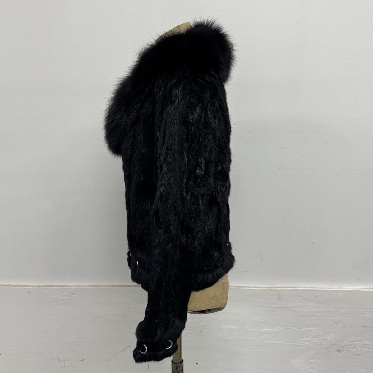 Vintage Y2K Black Rabbit & Fox Fur Pierced Jacket Coat