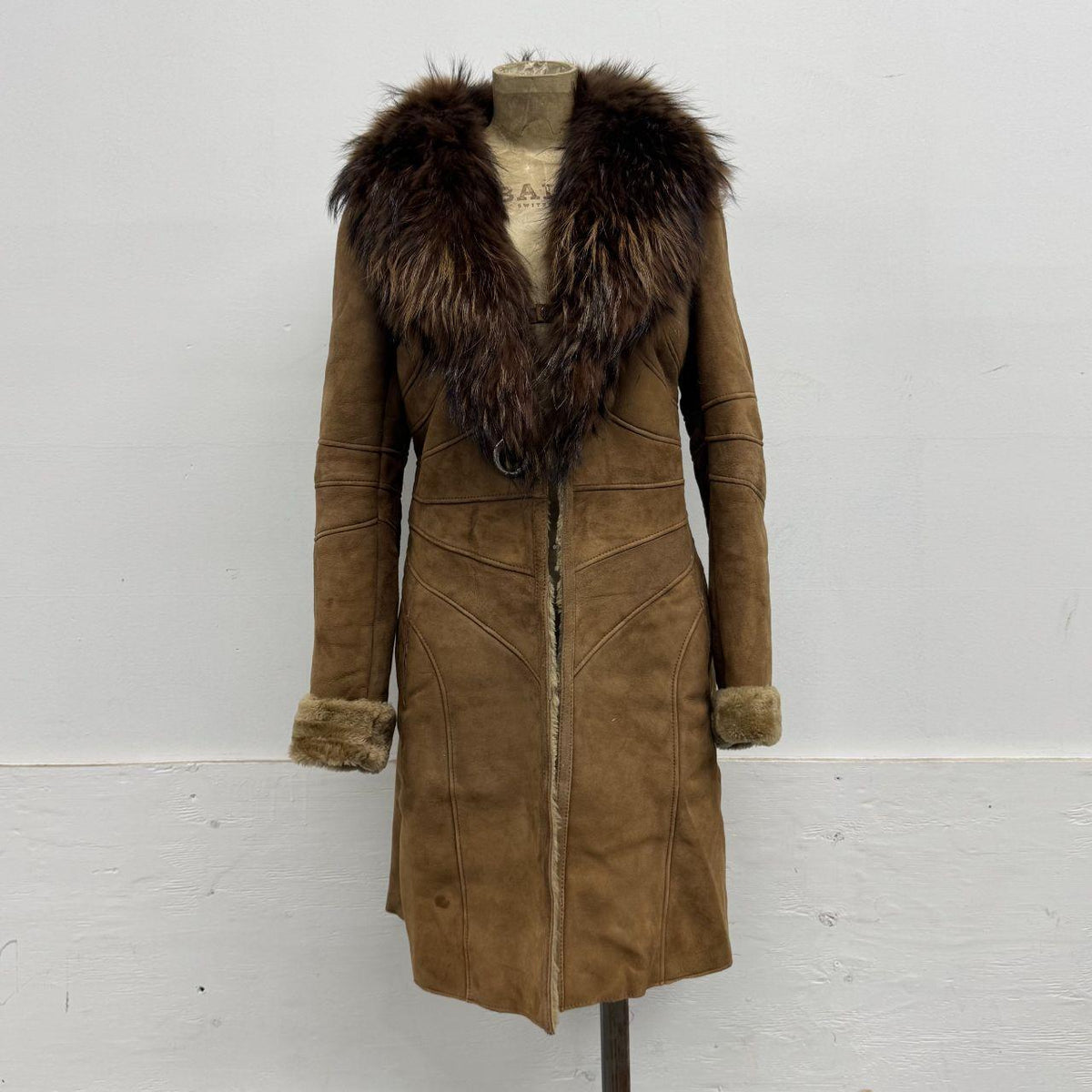 Vintage Y2K Brown Shearling Penny Lane Suede Coat w Raccoon Fur Collar