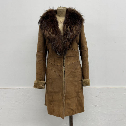 Vintage Y2K Brown Shearling Penny Lane Suede Coat w Raccoon Fur Collar