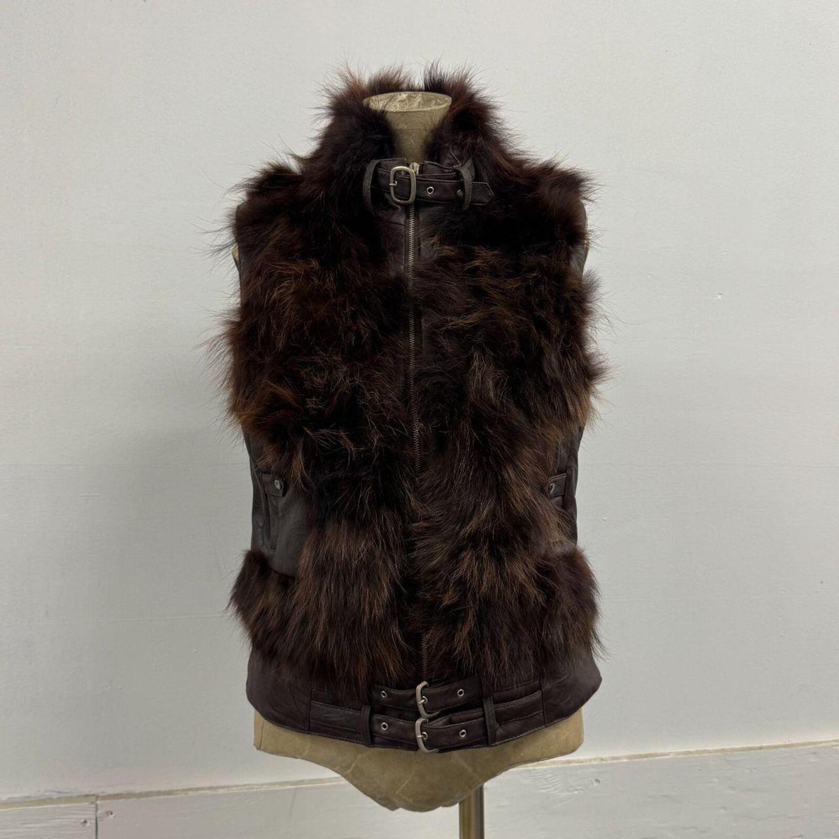 Vintage Y2K Chocolate Leather & Fox Fur Moto Vest