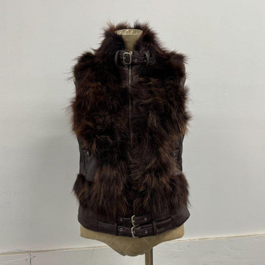Vintage Y2K Chocolate Leather & Fox Fur Moto Vest