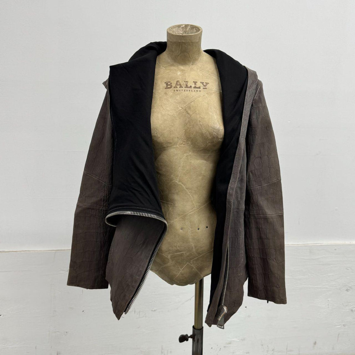 Vintage Grey Draped Embossed Asymmetric Avant Garde Leather Jacket