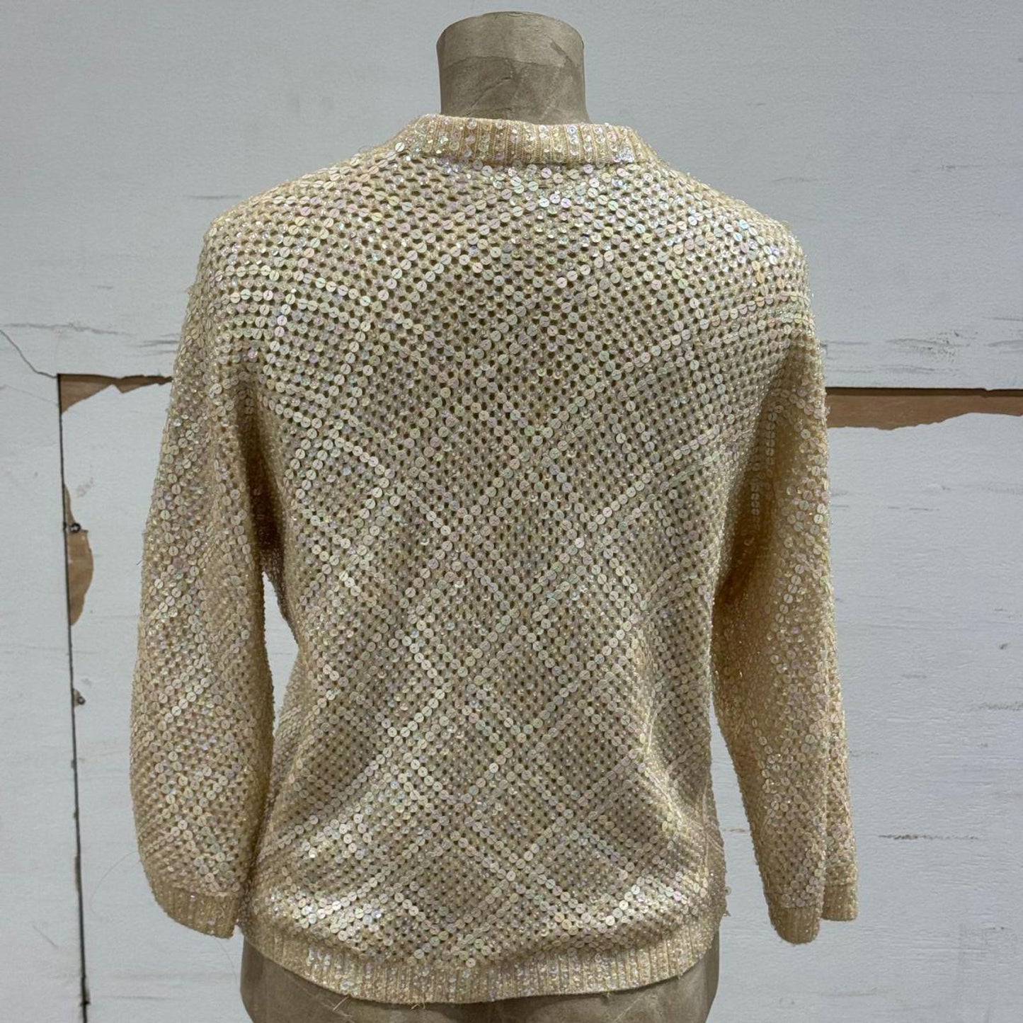 50s 60s Vintage De Vahni Sequined & Beaded Cream Pearlescent Wool Cardigan