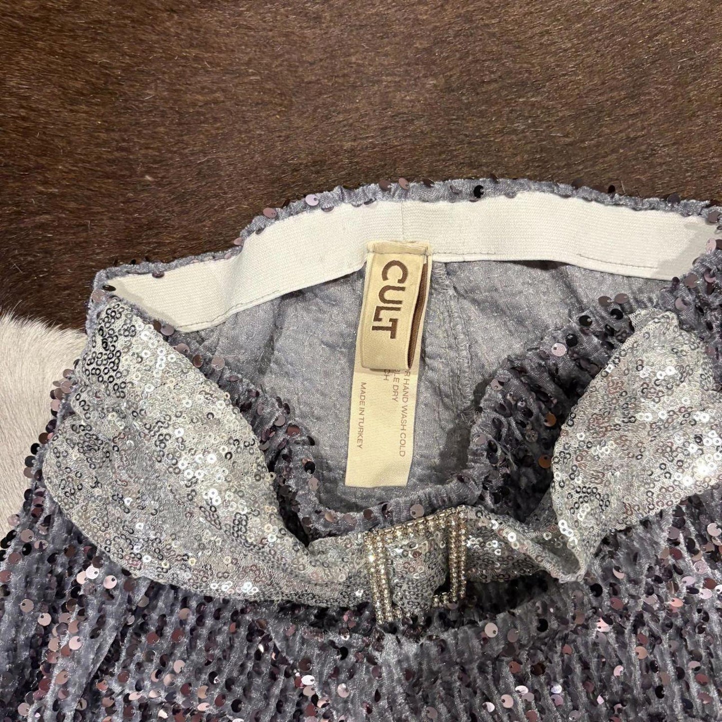 Cult Form Silver Sequin Trousers with Rhinestone Belt