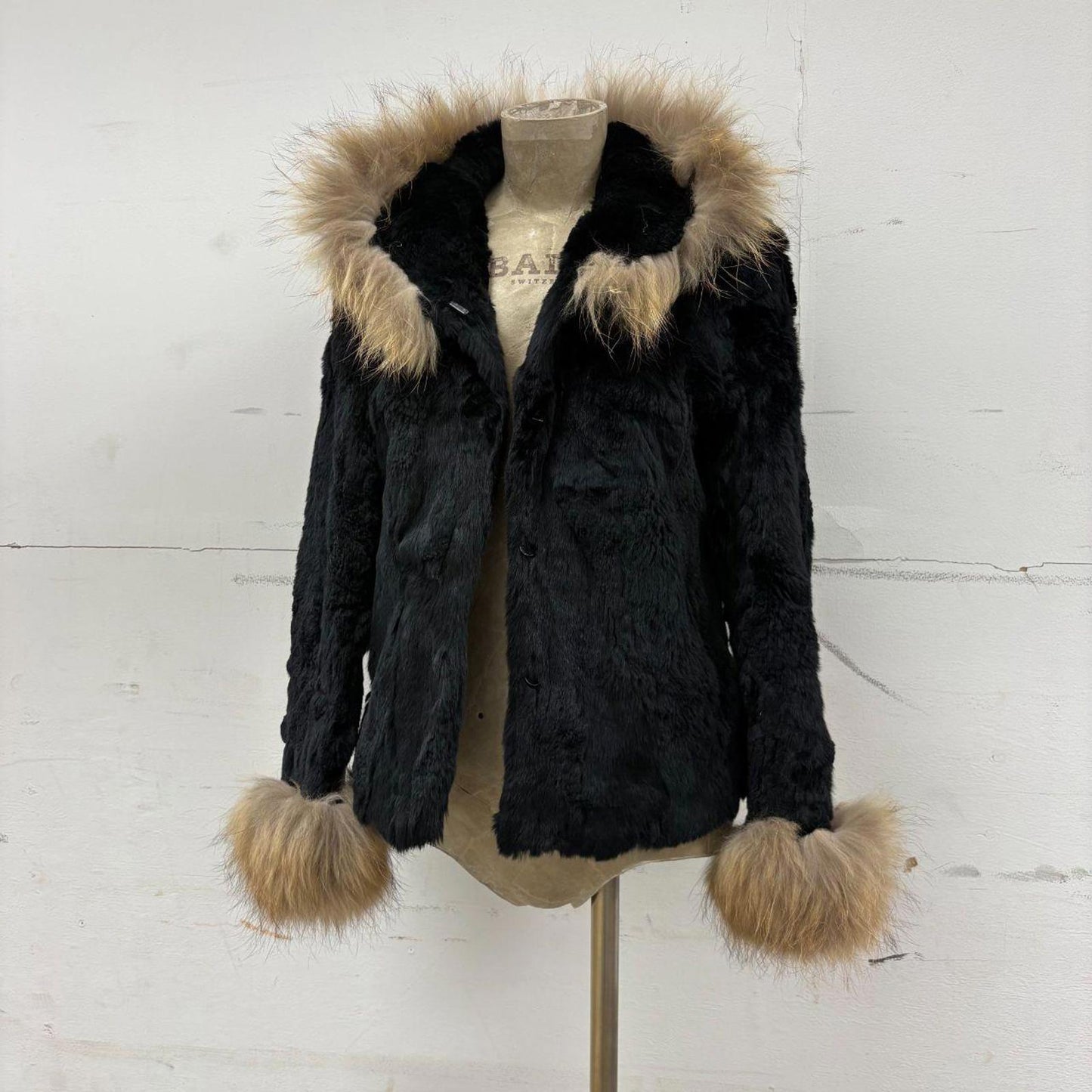 Vintage Y2K Jet Black Rabbit & Fox Fur Hooded Jacket