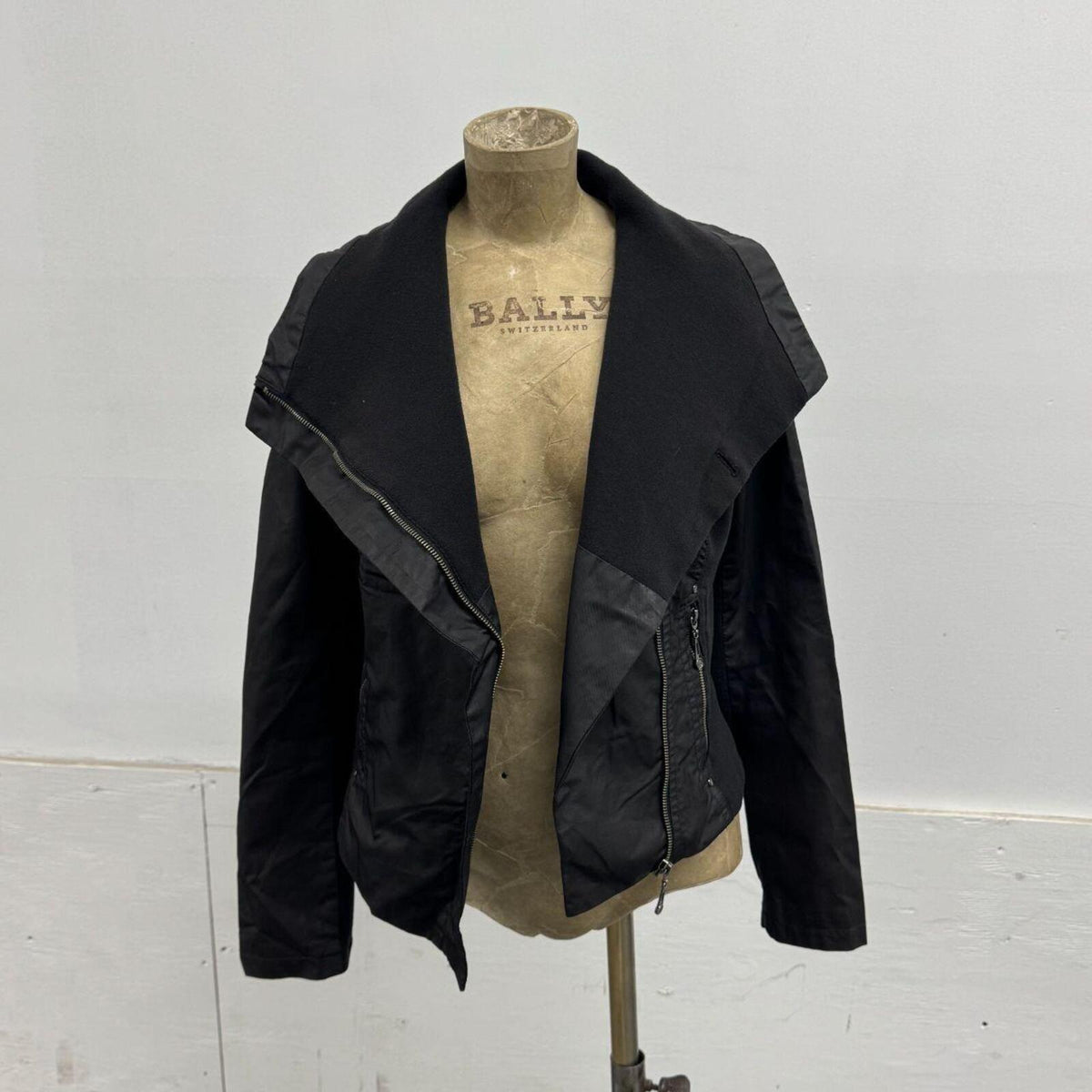 Vintage Black Funnel Neck Asymmetric Avant Garde Leather Jacket