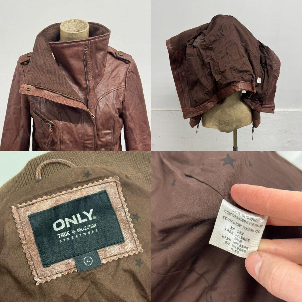 Vintage ONLY Cognac Goat Leather Architectural Funnel Neck Jacket