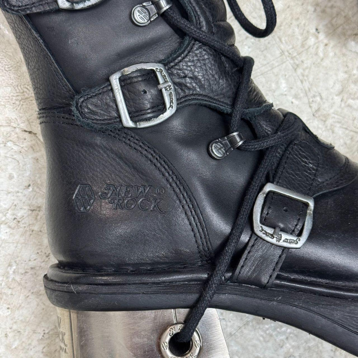 NWT New Rock Black Leather Metal Block Heel Buckle Platform Boots