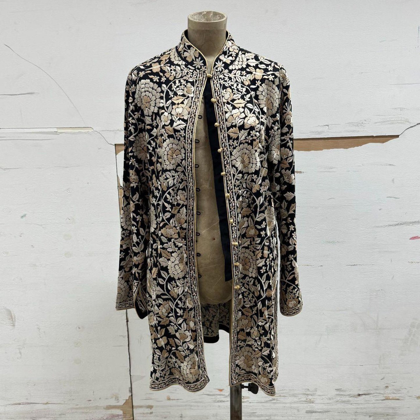 Vintage Toshkhana Mandarin Collar Embroidered Longline Opera Jacket Duster