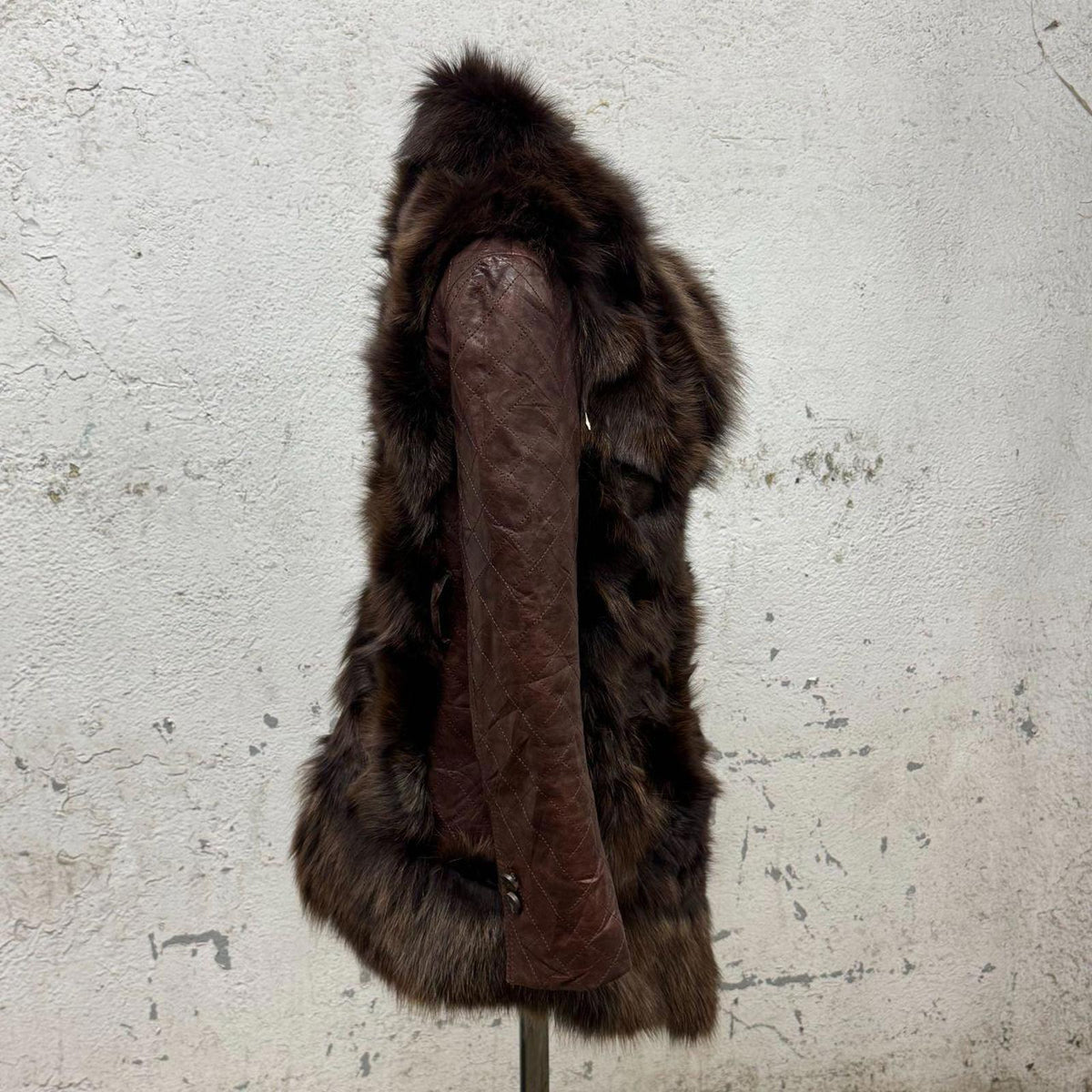 Vintage Brown Y2K Real Quilted Leather & Fox Fur Jacket Coat