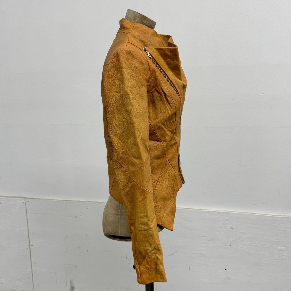Vintage Tan Funnel Neck Asymmetric Avant Garde Leather Jacket