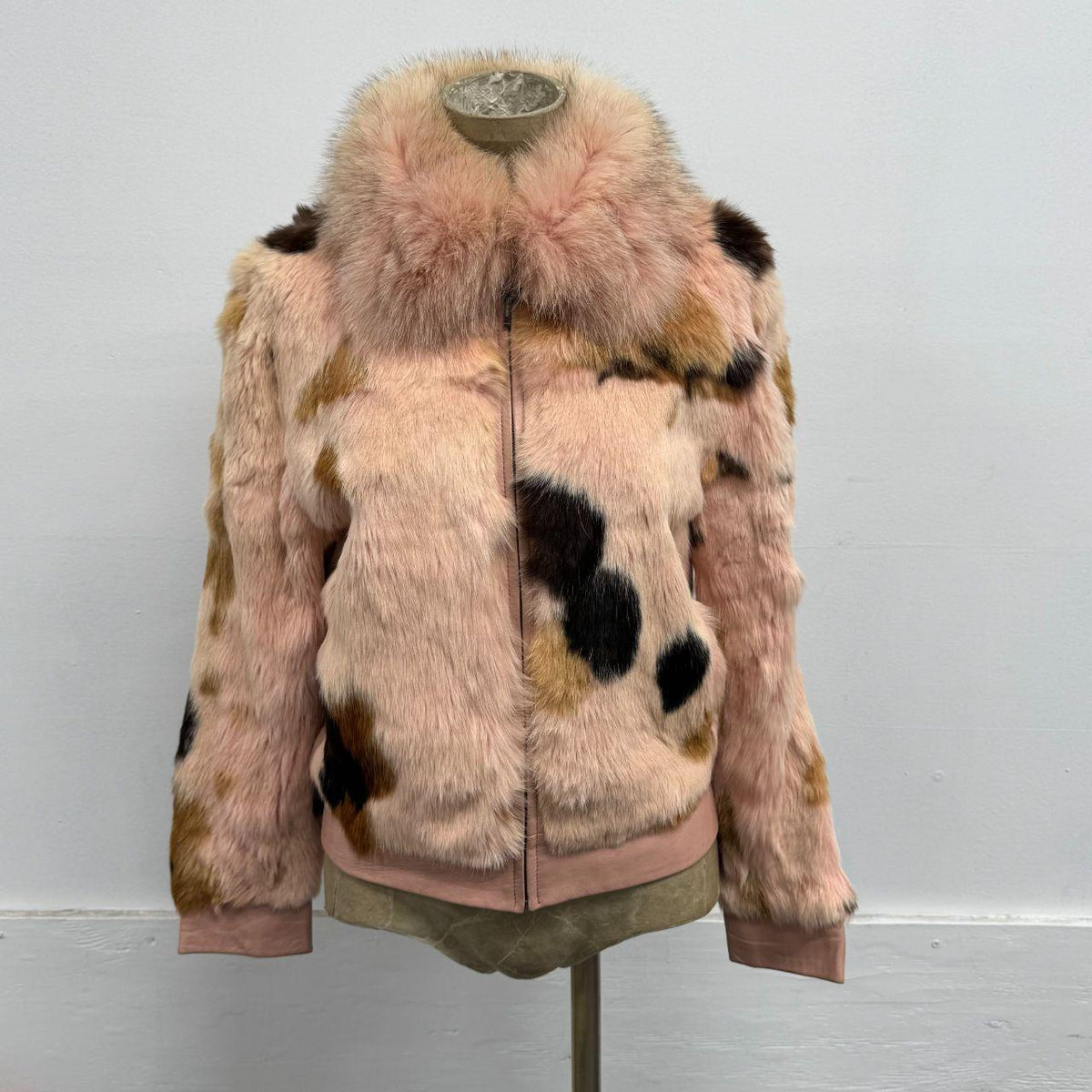 Vintage Y2K Pink Rabbit Fur & Fox Fur Bomber Jacket Coat