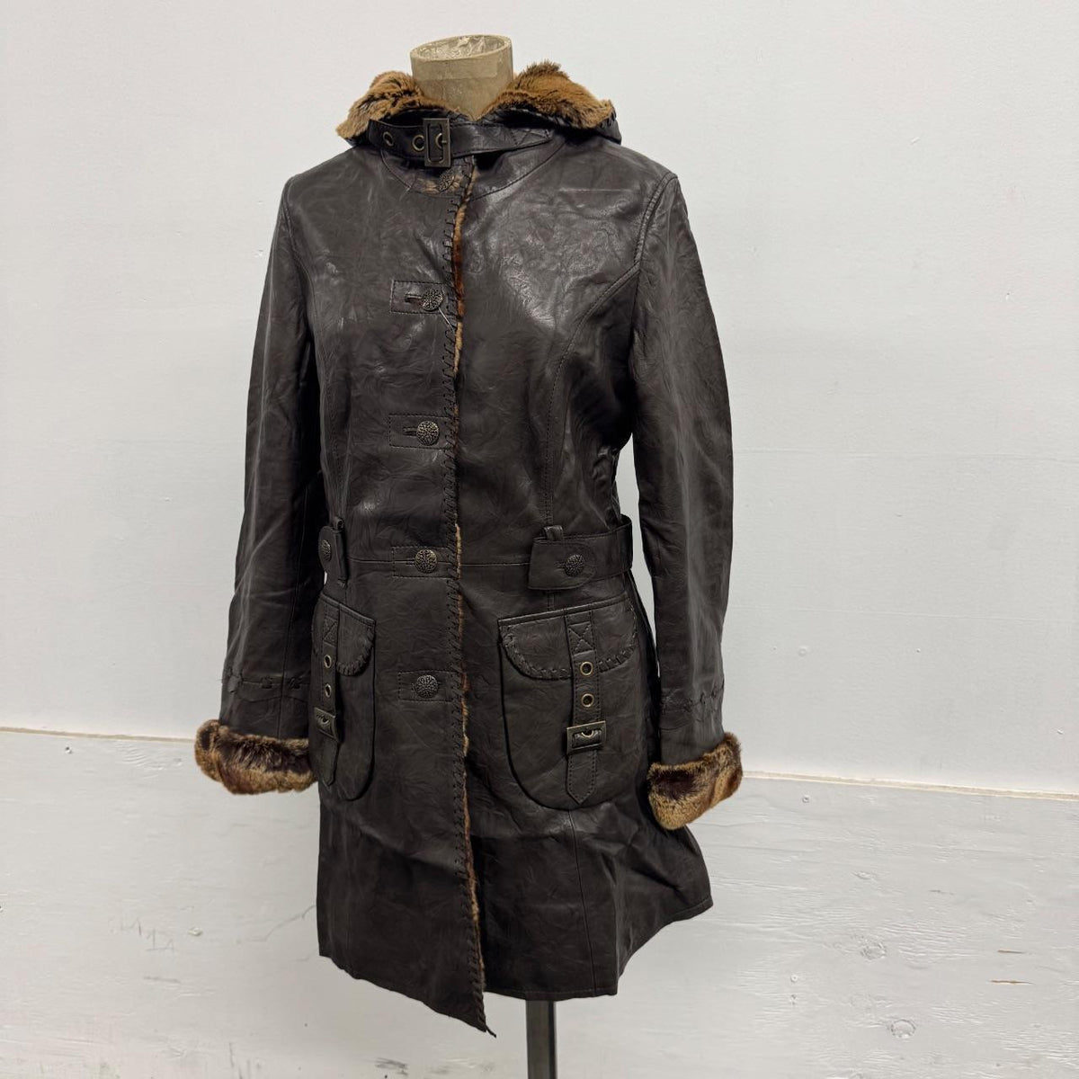 Vintage Brown Lambskin Leather Hooded Trench Coat w Rabbit Fur