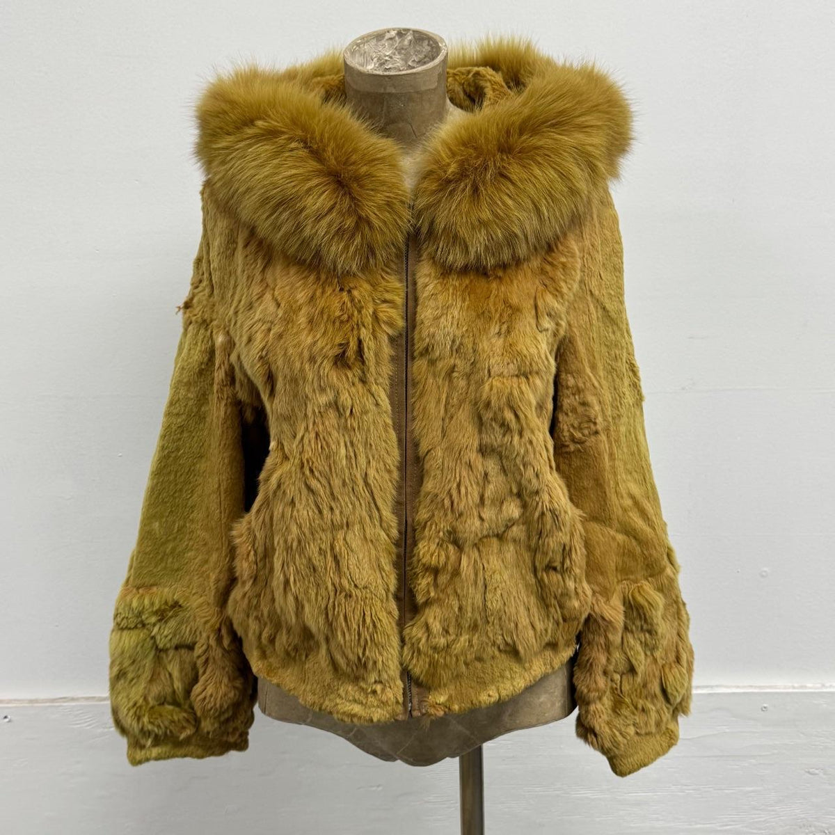 Vintage Y2K Hooded Gold Rabbit & Fox Fur Jacket Coat