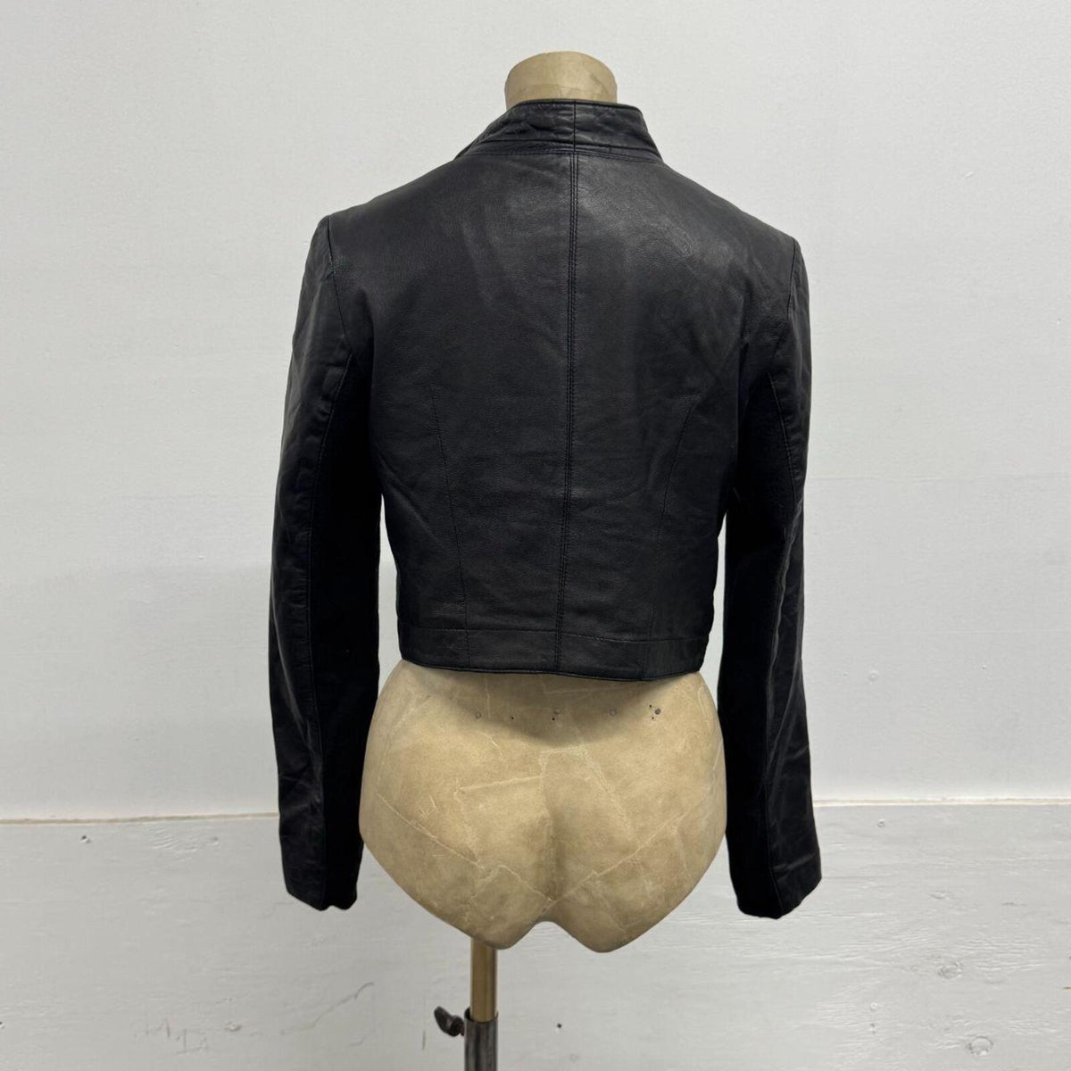 Vintage Crop Black Funnel Neck Asymmetric Avant Garde Leather Jacket