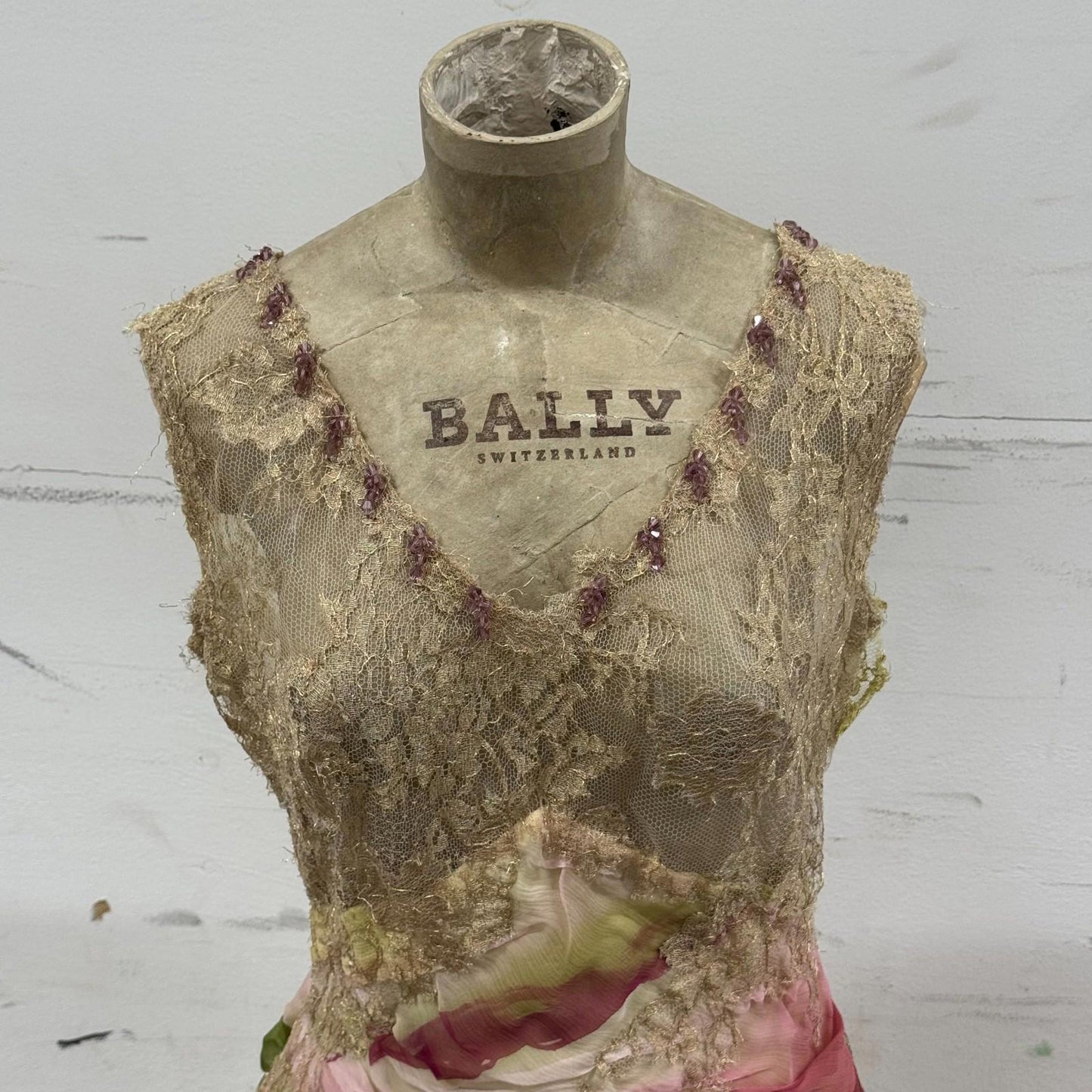 Vintage Y2K European Beaded Silk Lace Ombré Gown Dress Detachable Sleeves