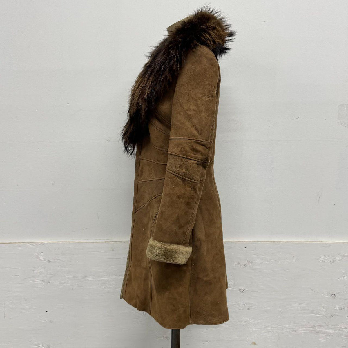 Vintage Y2K Brown Shearling Penny Lane Suede Coat w Raccoon Fur Collar