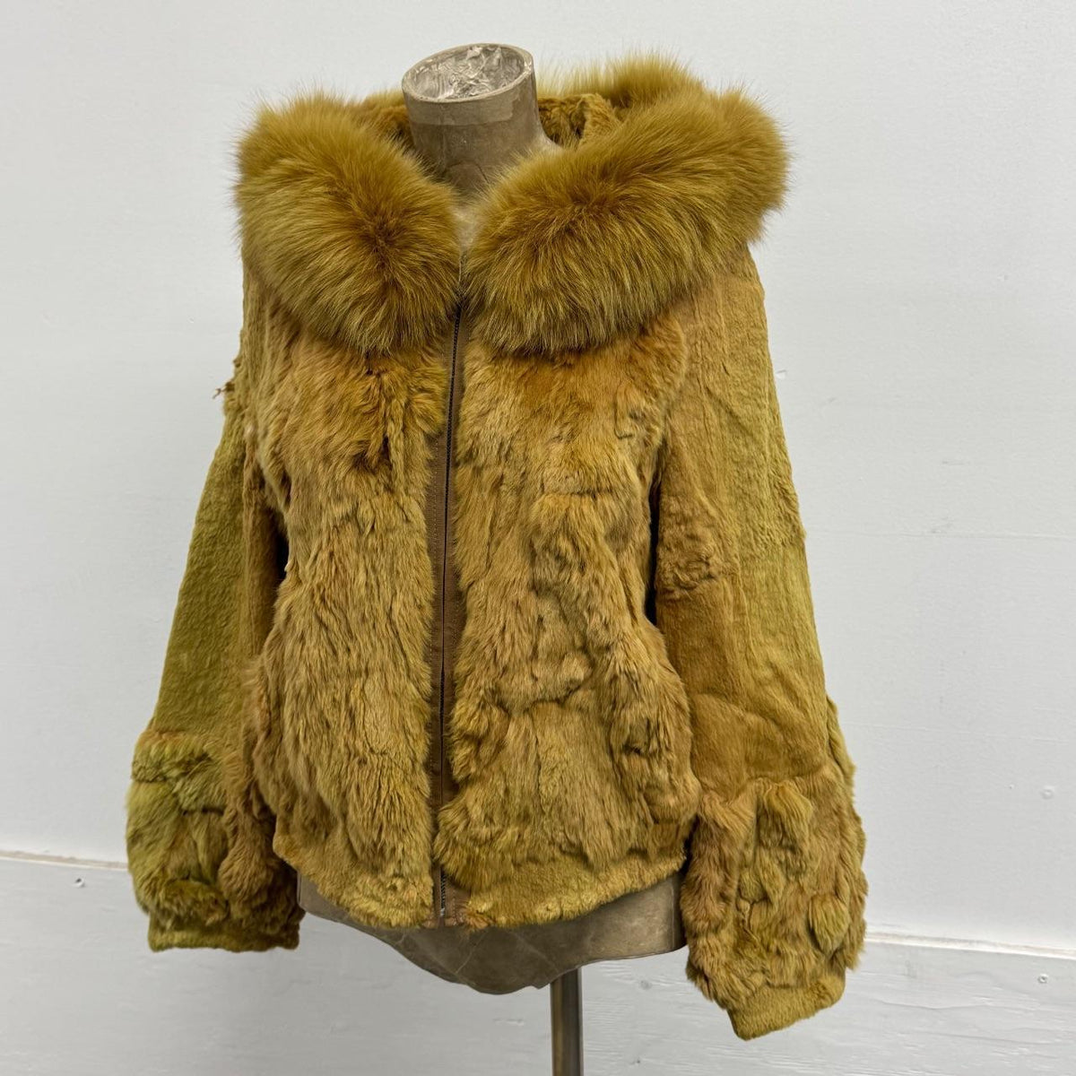 Vintage Y2K Hooded Gold Rabbit & Fox Fur Jacket Coat
