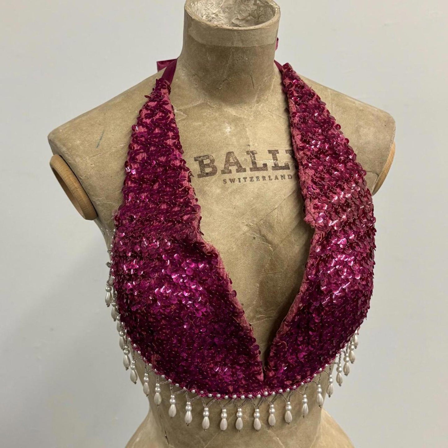 Vintage Showgirl Magenta Sequin Halter Bra Top
