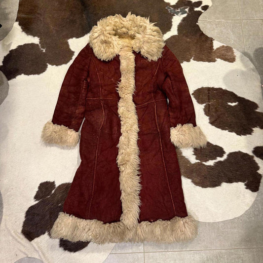 70s Vtg Red Suede Sheepskin Penny Lane Afghan Trench Coat