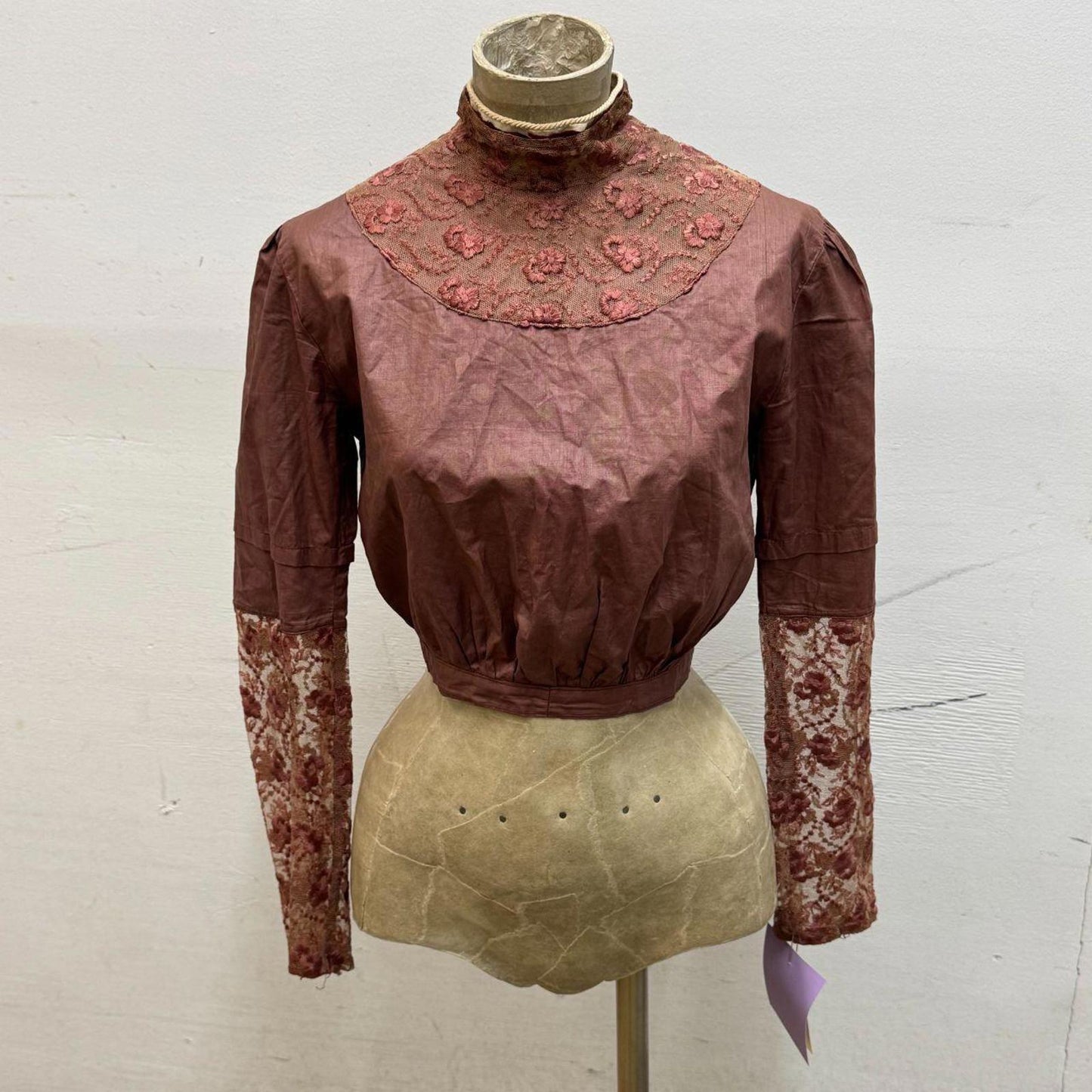 Brick Red Antique Victorian Lace-Panel Bodice XS
