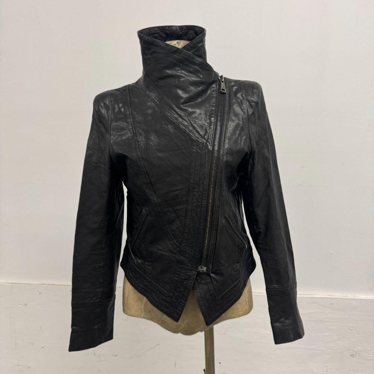 Vintage Black Avant-Garde Lambskin Funnel Neck Moto Jacket