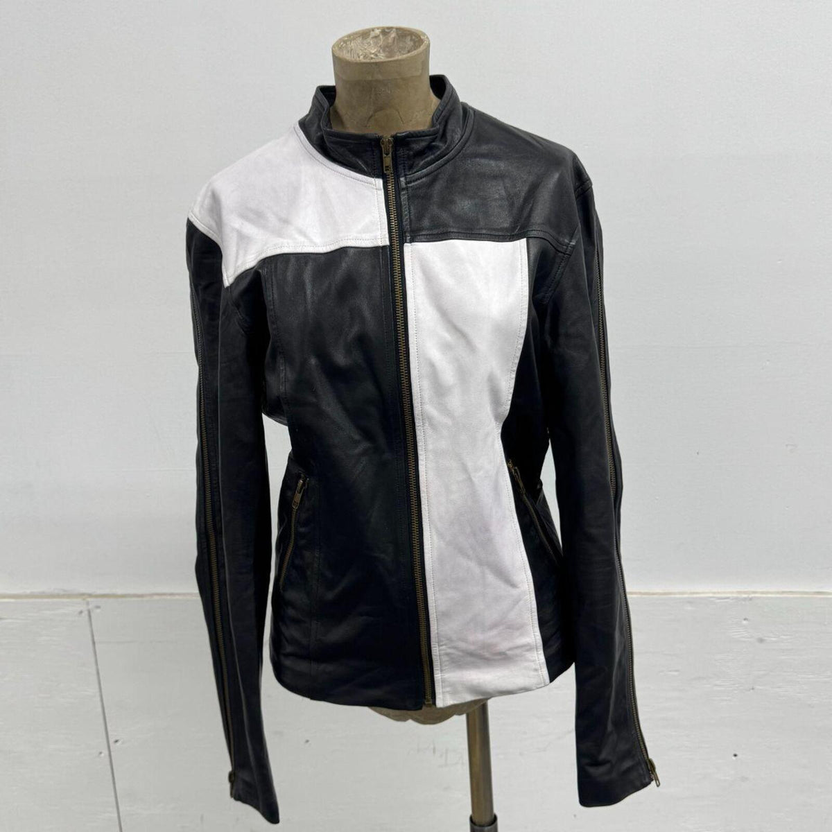 Vintage Harlequin Black & White Paneled Zip Sleeve Leather Jacket