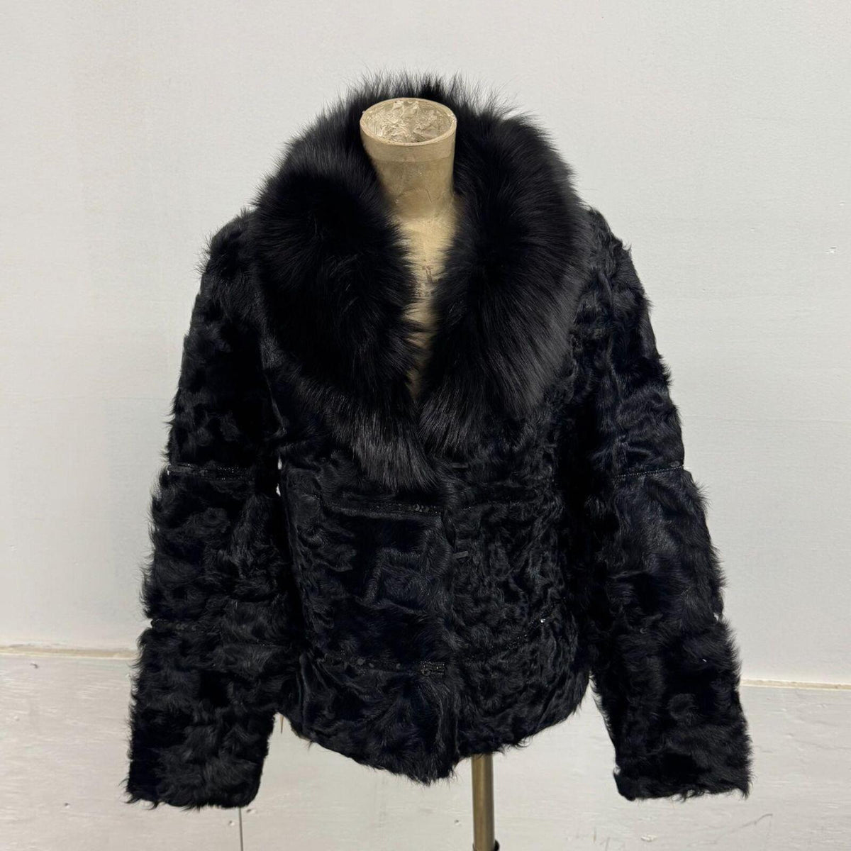 Vintage Black Sheepskin Wool & Fox Fur Coat