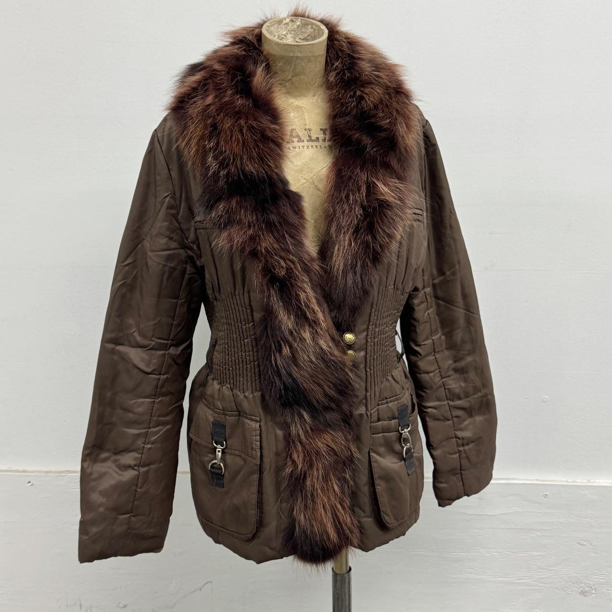 Vintage Y2K Espresso Brown Puffer Jacket with Real Fox Fur Collar Coat