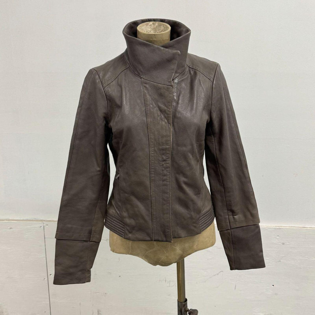 Vintage Grey-Brown Funnel Neck Avant Garde Leather Jacket