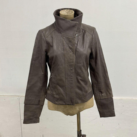 Vintage Grey-Brown Funnel Neck Avant Garde Leather Jacket