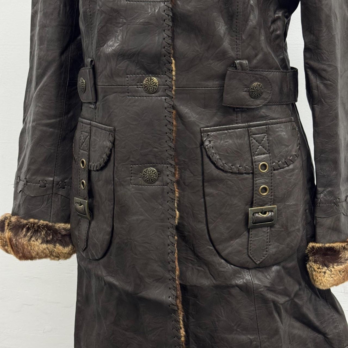 Vintage Brown Lambskin Leather Hooded Trench Coat w Rabbit Fur