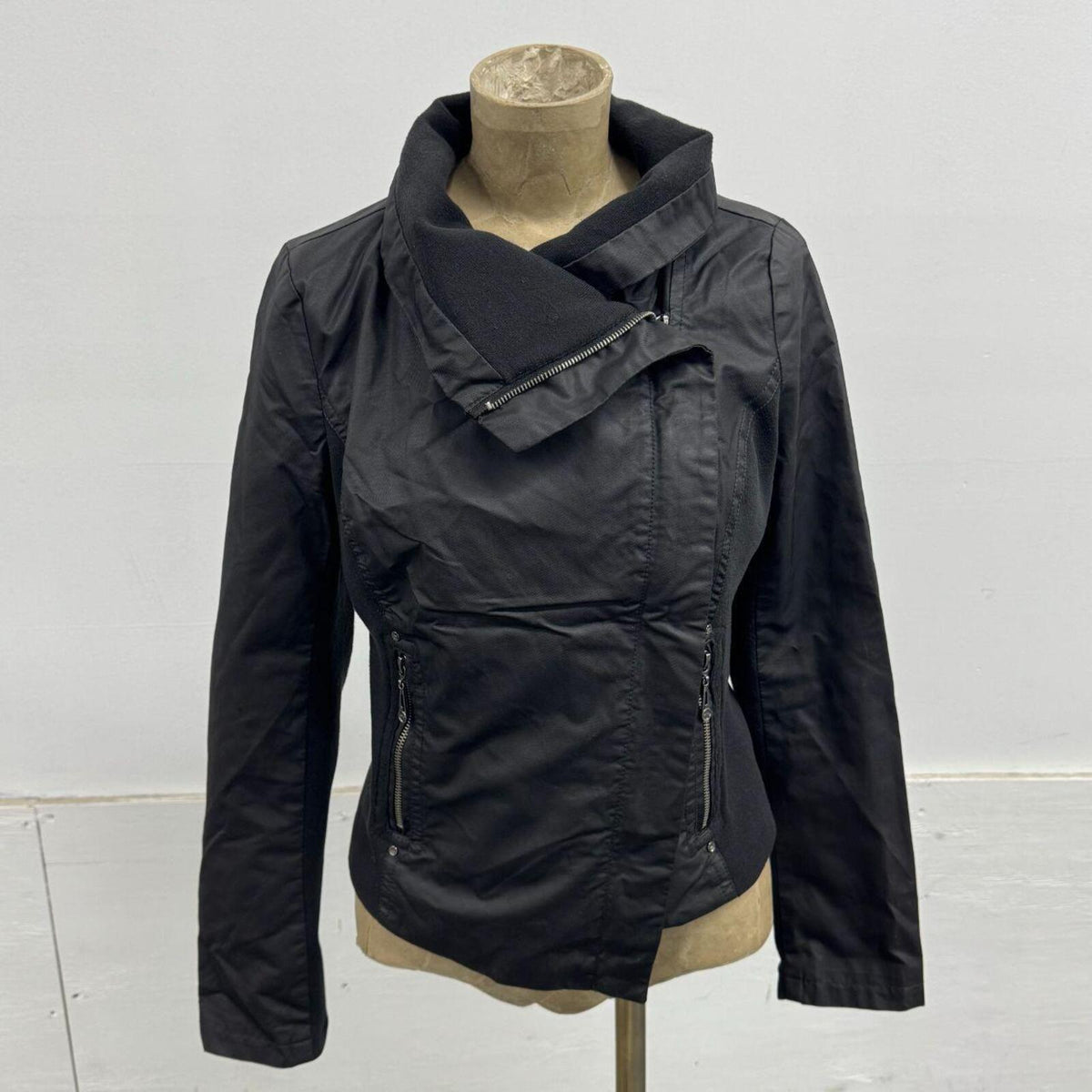 Vintage Black Funnel Neck Asymmetric Avant Garde Leather Jacket