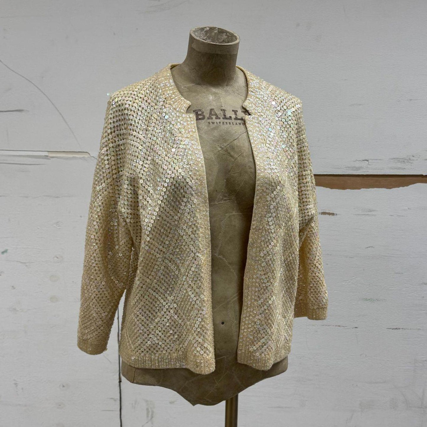 50s 60s Vintage De Vahni Sequined & Beaded Cream Pearlescent Wool Cardigan