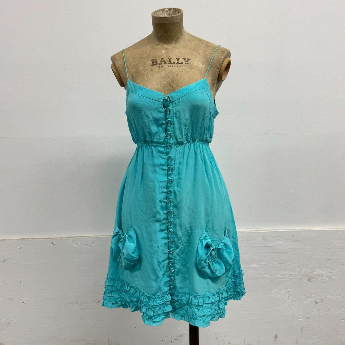 Vintage Ducie 100% Silk Teal Button-Front Mini Dress