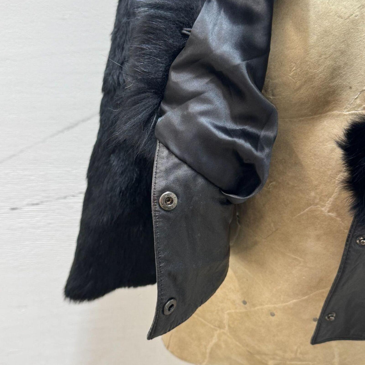 Y2K Vintage Black Rabbit & Fox Fur Leather Crop Jacket Coat