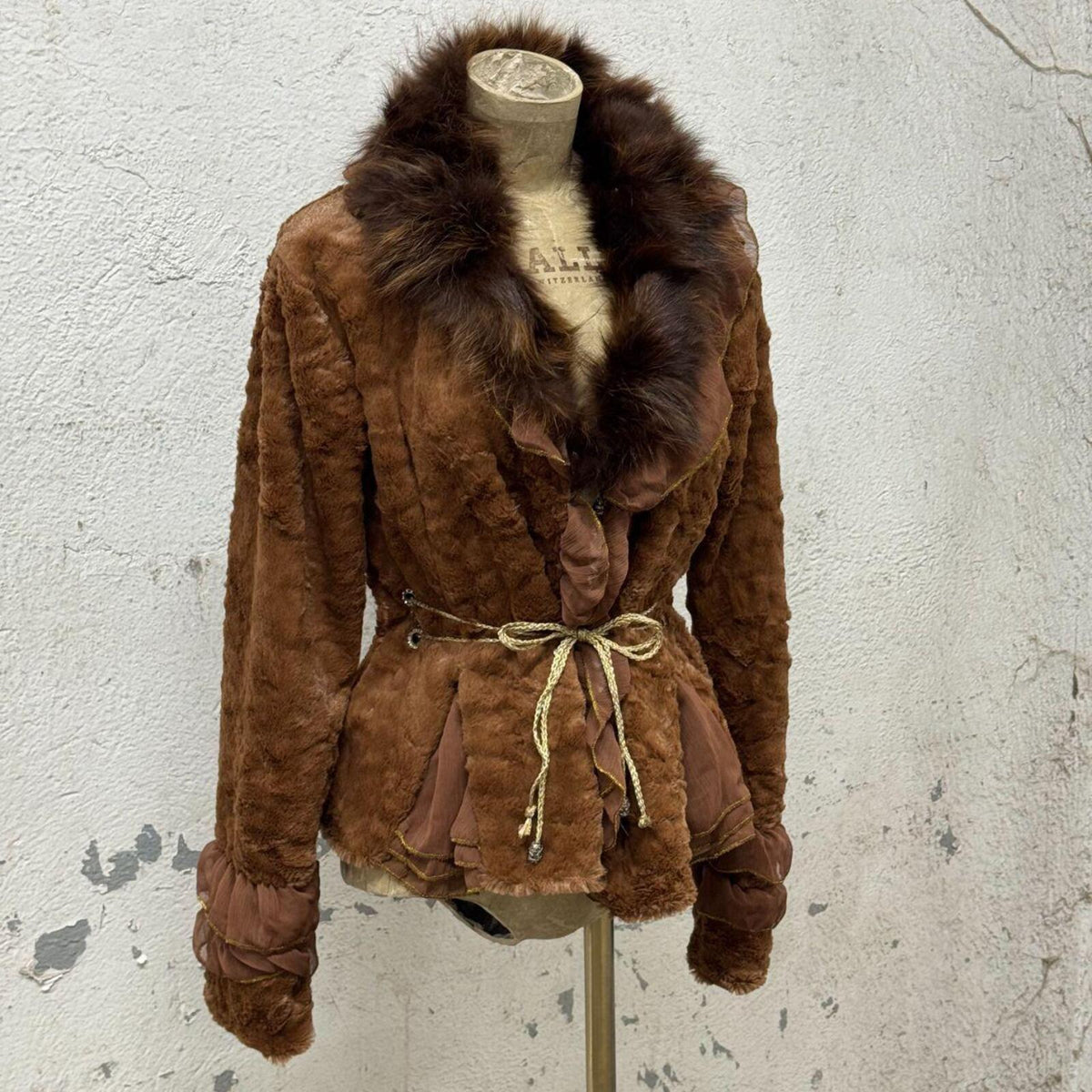 Vintage Brown Rabbit Fur Jacket with Chiffon Panels & Fox Collar Coat