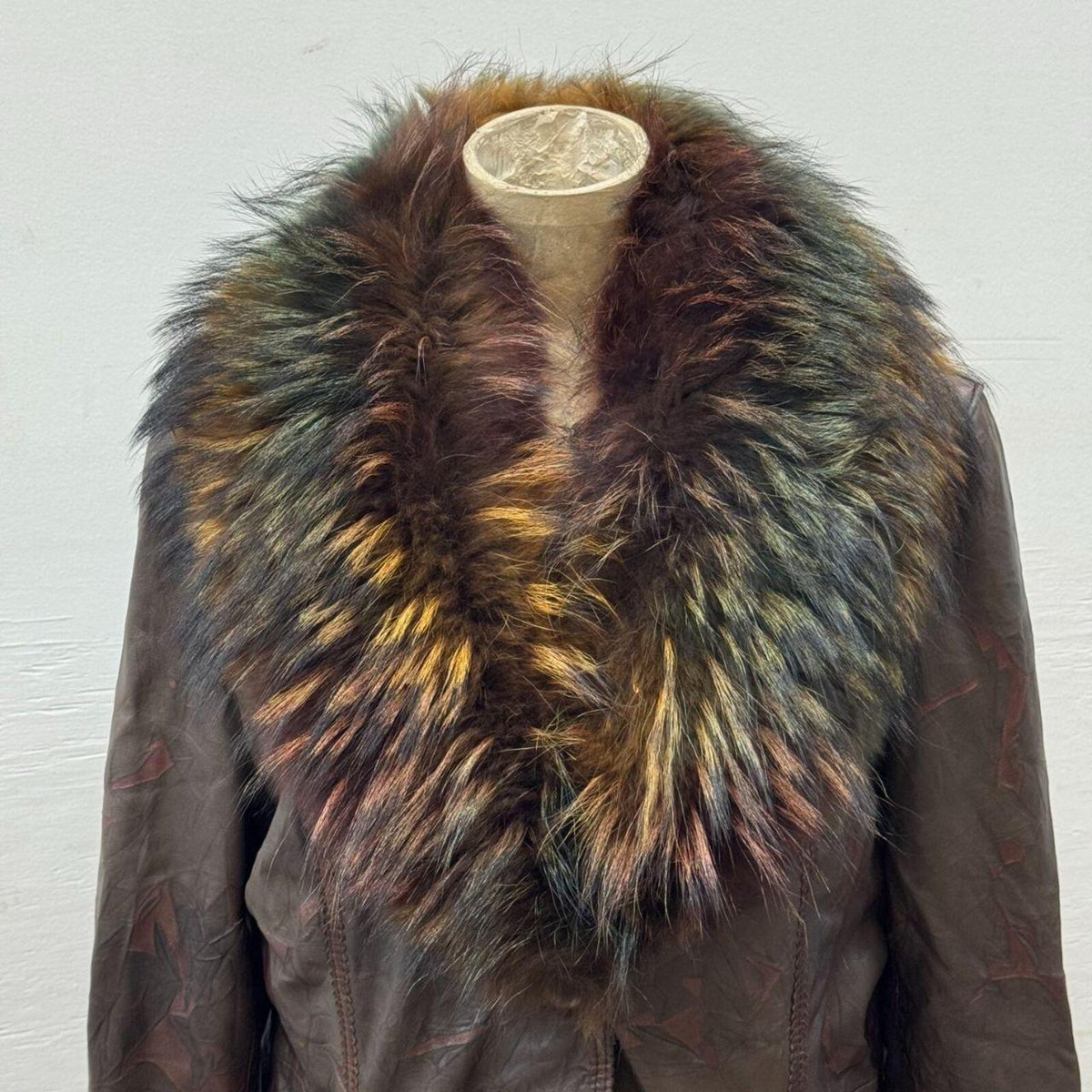 Vintage Y2K Brown Rainbow-Highlight Raccoon & Leather Coat