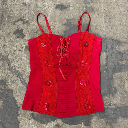 Italian Vintage Red Lace-Up Corset Top