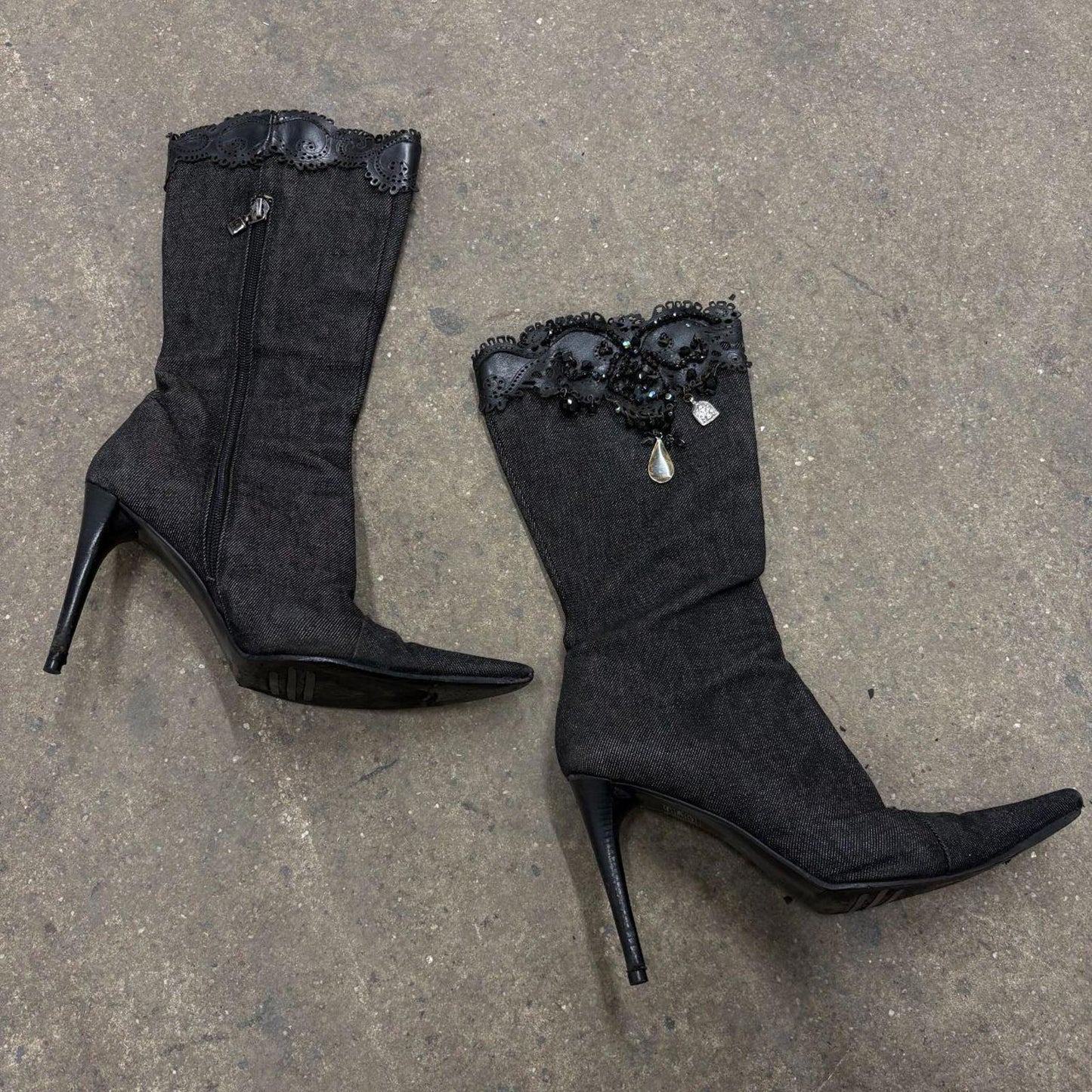 Vintage Y2K Le Silla Beaded Denim Pointed Toe Stiletto Boots