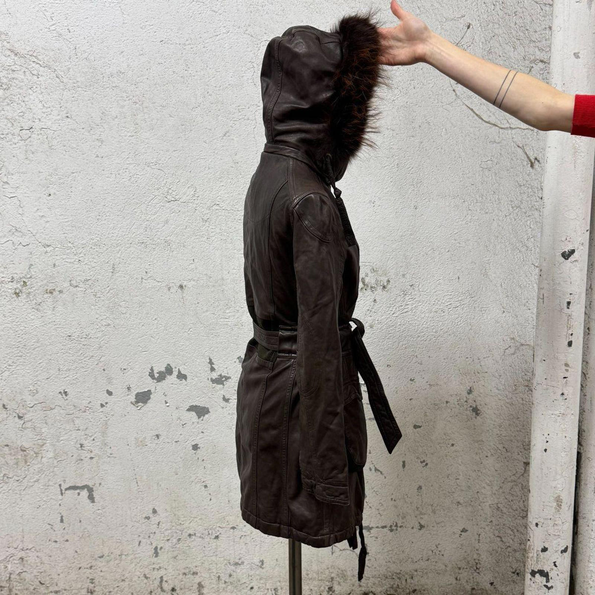 Vintage Y2K Genuine Fur-Trimmed Leather Longline Parka Coat Brown