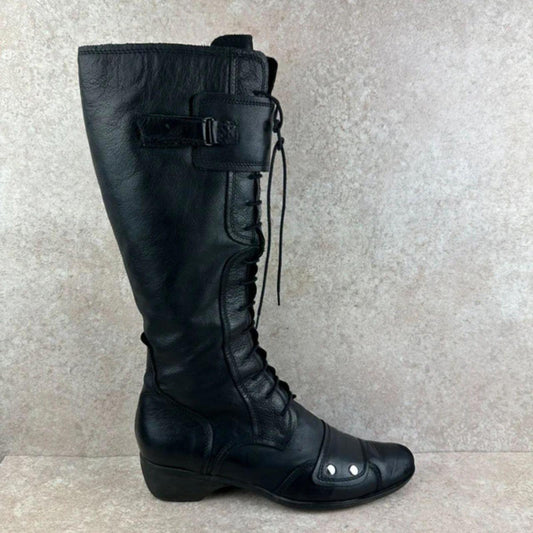 Vintage Luzzi Black Genuine Leather Lace-Up Tall Biker Boots
