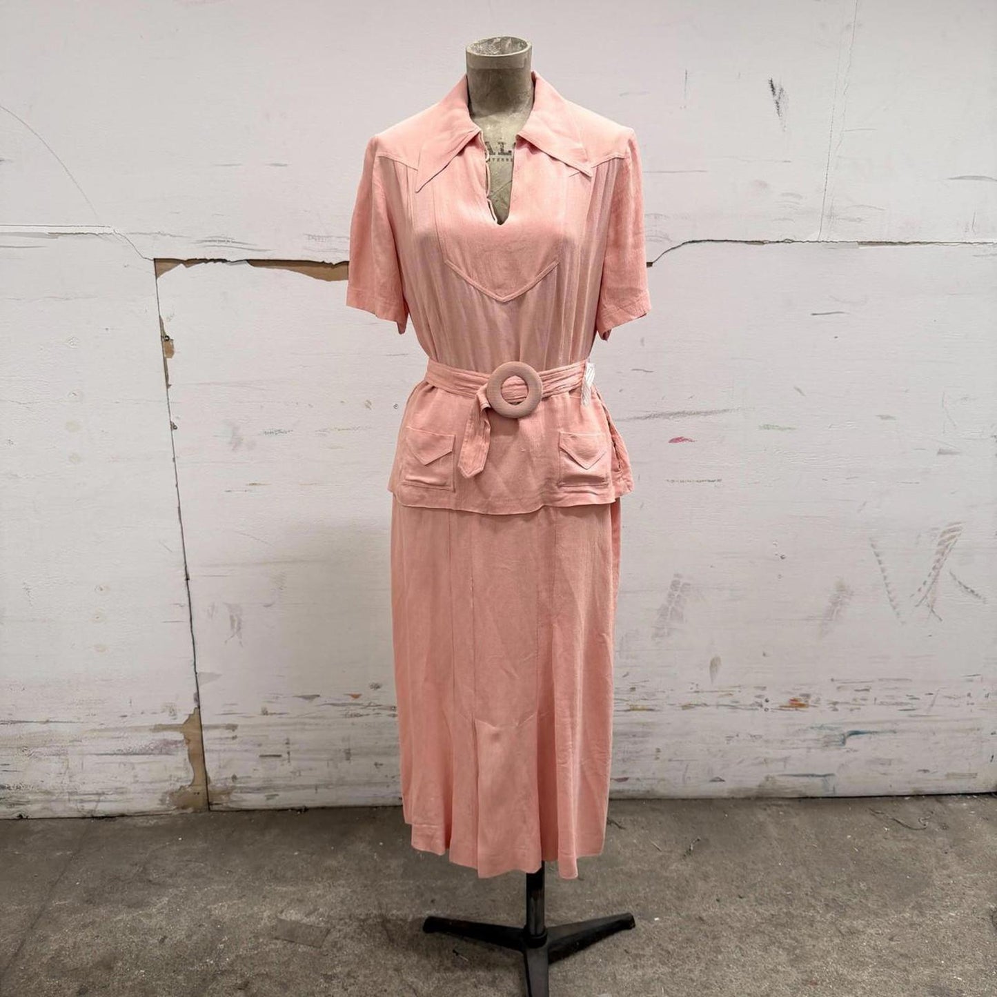 Vintage Early 1930s Peach Pink Rayon Crepe Wedding Dress w/ Original Belt