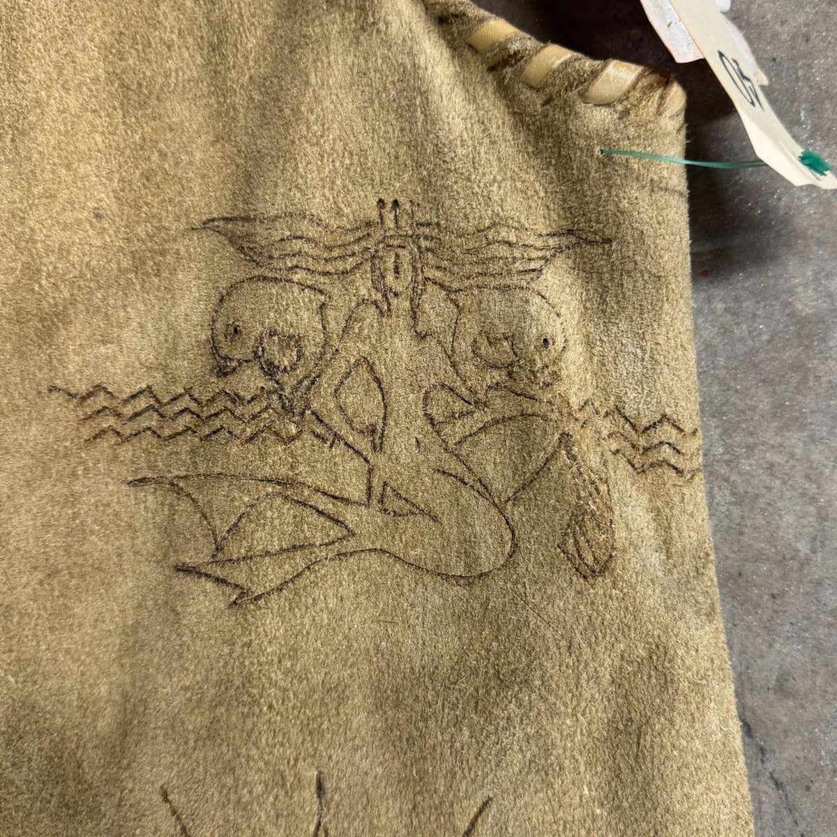 Vintage 60s 70s Suede Buckskin Western Film Costume Vest Stenciled Whipstitch
