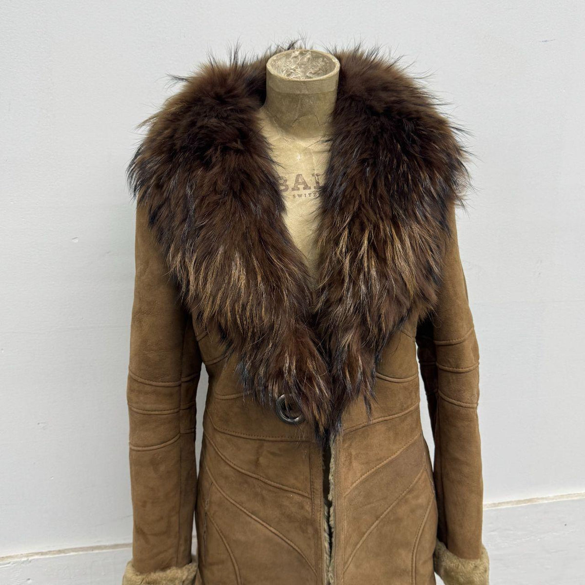 Vintage Y2K Brown Shearling Penny Lane Suede Coat w Raccoon Fur Collar