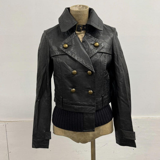 Vintage Black Military Trench Knit Hem Leather Jacket