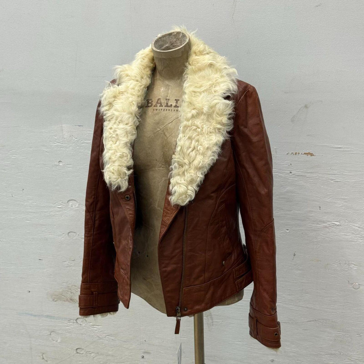 Vintage ONLY Detachable Shearling Leather Moto Jacket Cognac Brown