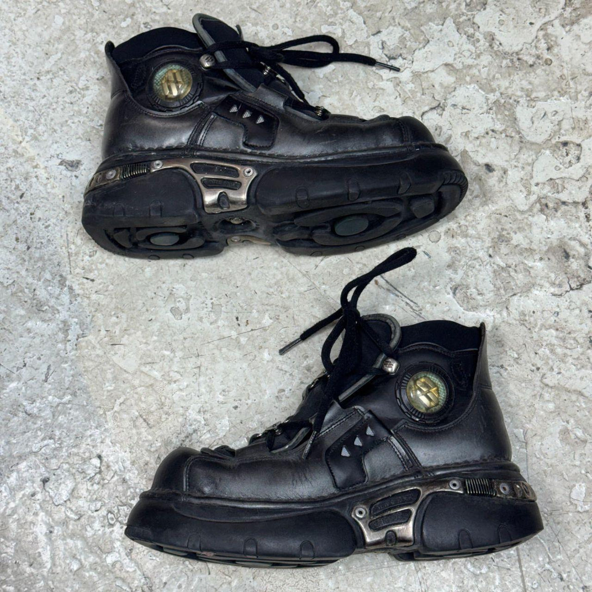 Vintage New Rock Pewter & Black Leather Reactor Platform Sneaker Boots